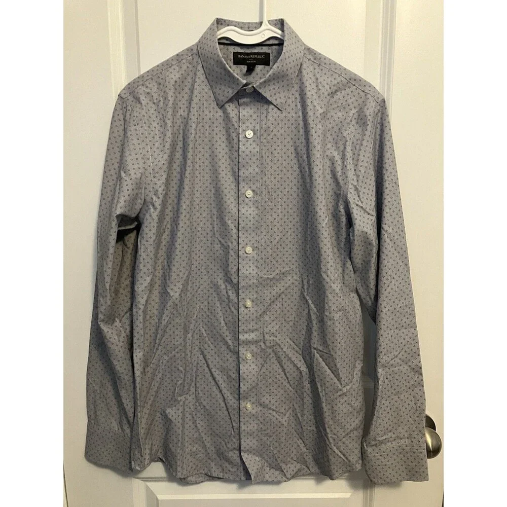 Banana Republic Shirt Button Up Mens Small Slim Fit Blue Print Long Sleeve